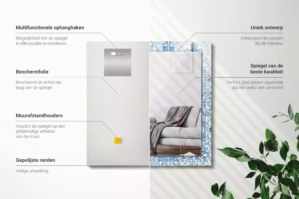 Lustro prostokątne z nadrukiem w motyw niebieskich dekoracyjnych kafelków