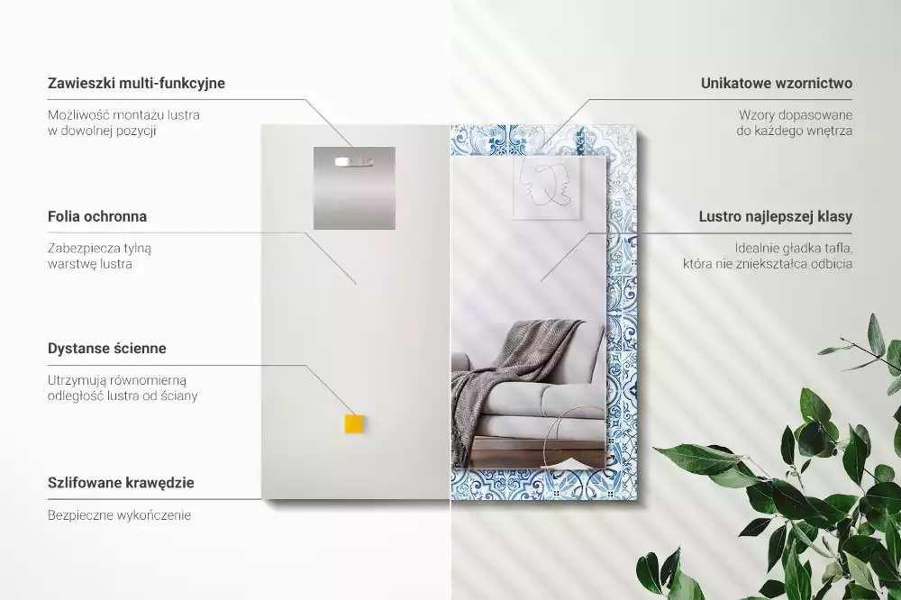 Lustro prostokątne z nadrukiem w motyw niebieskich dekoracyjnych kafelków