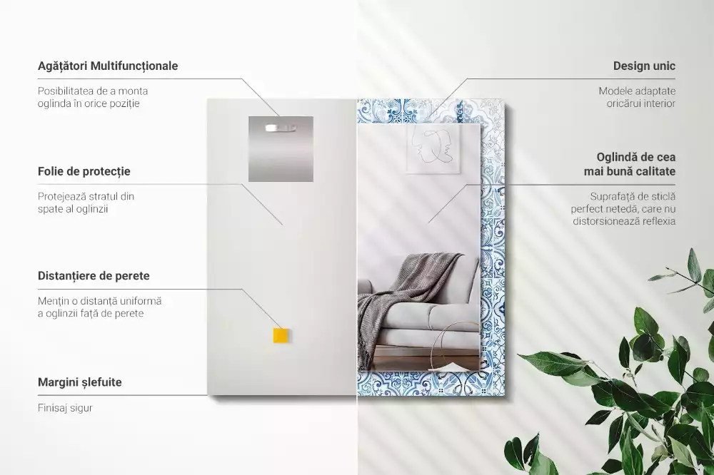 Lustro prostokątne z nadrukiem w motyw niebieskich dekoracyjnych kafelków