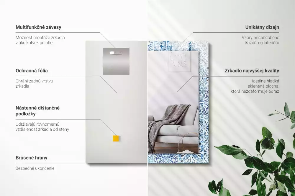 Lustro prostokątne z nadrukiem w motyw niebieskich dekoracyjnych kafelków