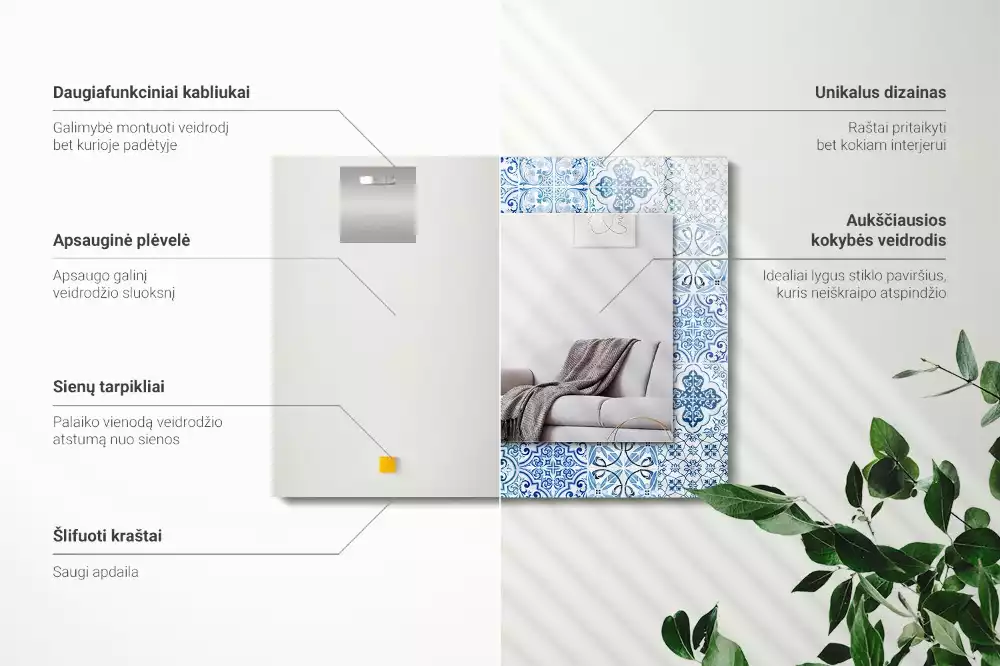 Lustro prostokątne z nadrukiem w motyw niebieskich dekoracyjnych kafelków