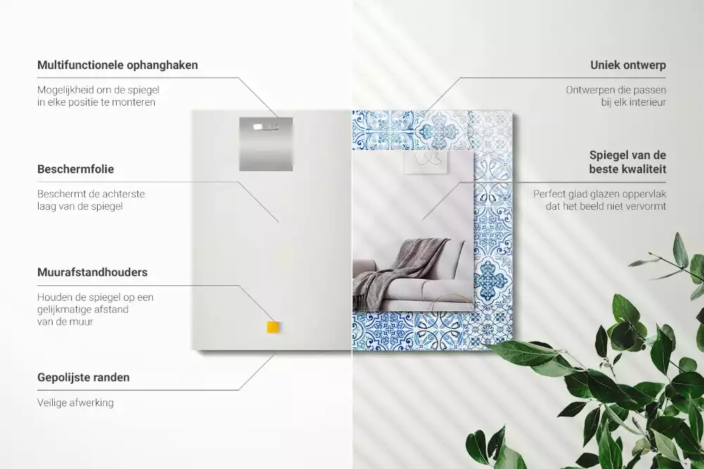 Lustro prostokątne z nadrukiem w motyw niebieskich dekoracyjnych kafelków