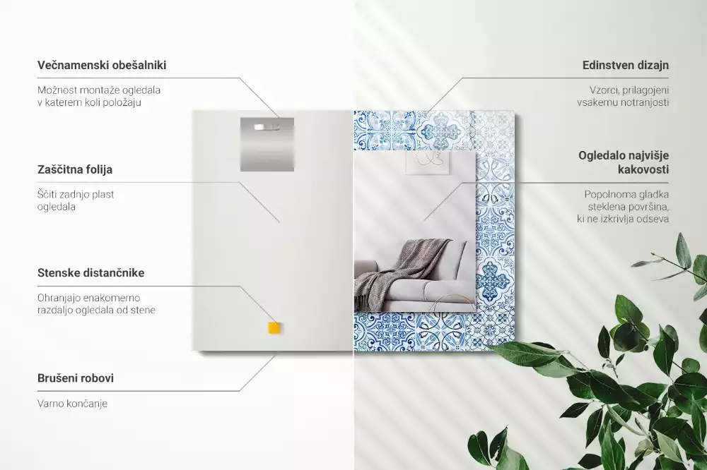 Lustro prostokątne z nadrukiem w motyw niebieskich dekoracyjnych kafelków