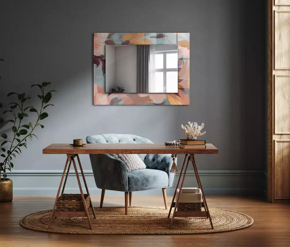 Lustro dekoracyjne z nadrukiem z pastelowym motywem kwiatów i liści, w formacie prostokątnym