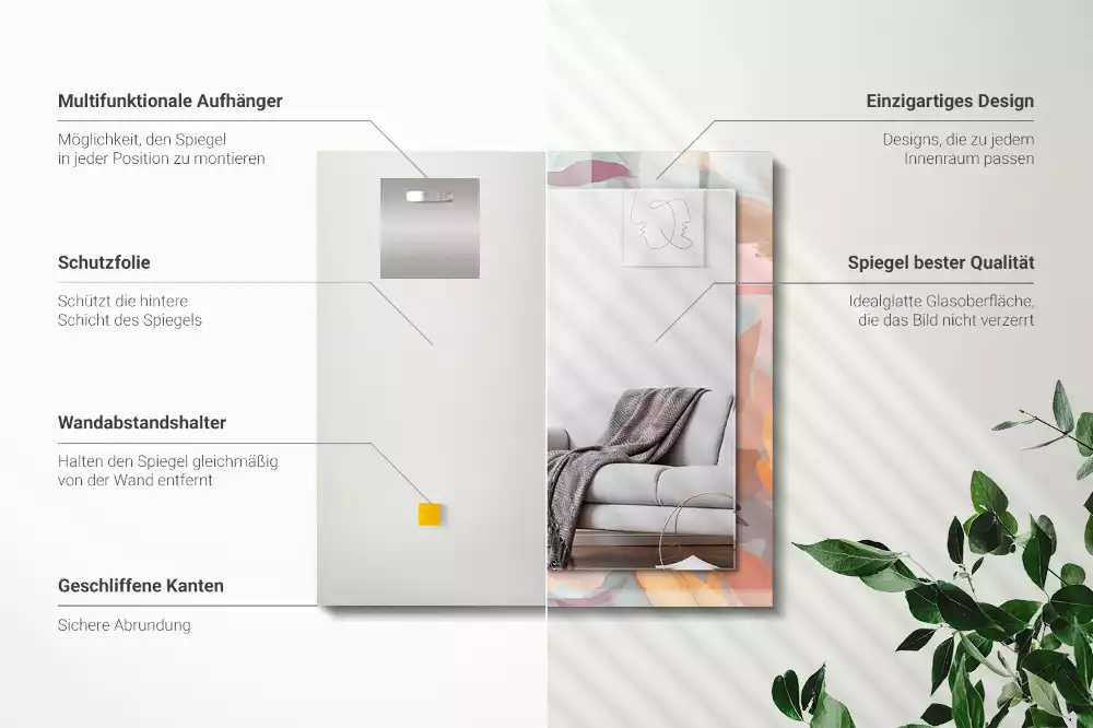 Lustro dekoracyjne z nadrukiem z pastelowym motywem kwiatów i liści, w formacie prostokątnym