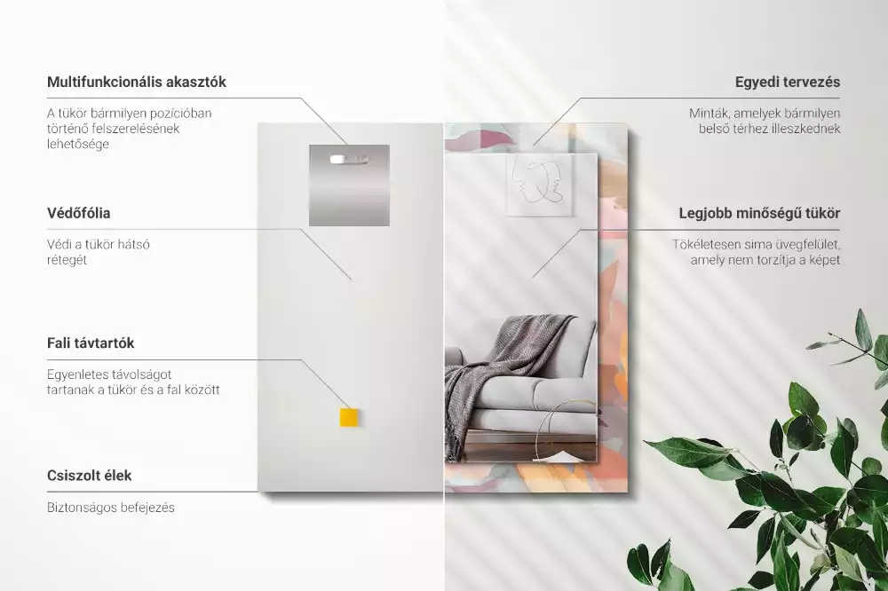 Lustro dekoracyjne z nadrukiem z pastelowym motywem kwiatów i liści, w formacie prostokątnym