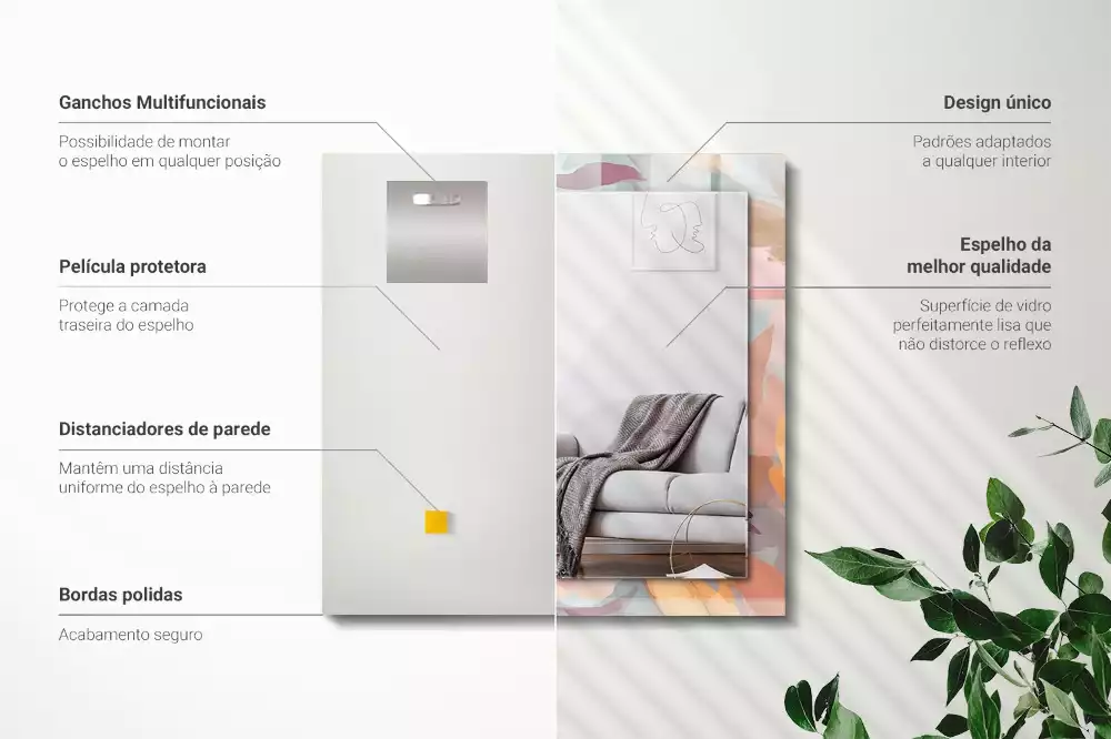 Lustro dekoracyjne z nadrukiem z pastelowym motywem kwiatów i liści, w formacie prostokątnym