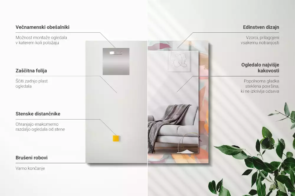 Lustro dekoracyjne z nadrukiem z pastelowym motywem kwiatów i liści, w formacie prostokątnym