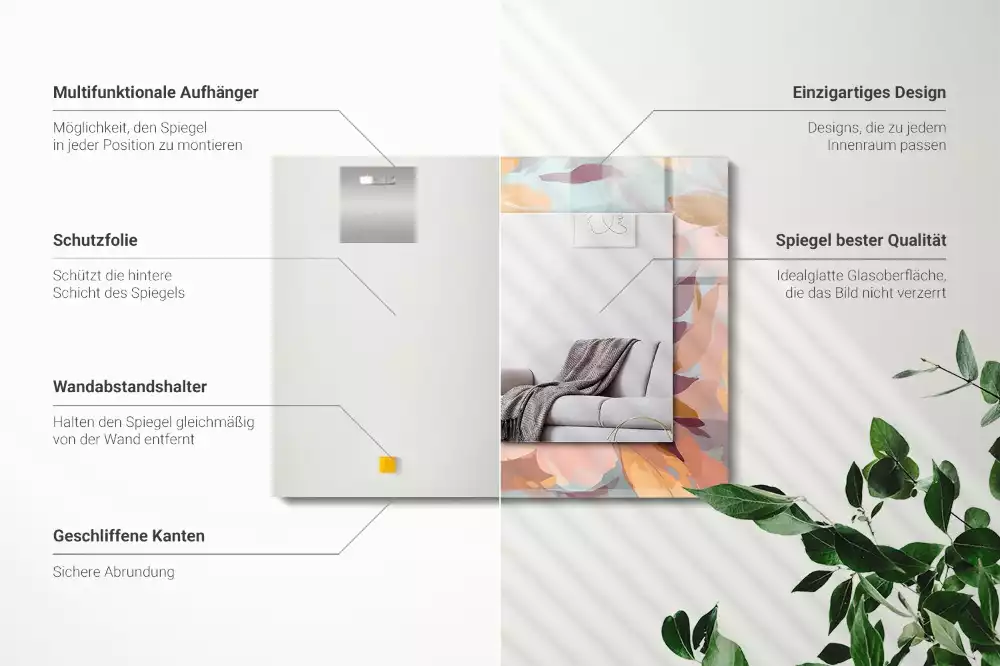 Lustro dekoracyjne z nadrukiem z pastelowym motywem kwiatów i liści, w formacie prostokątnym