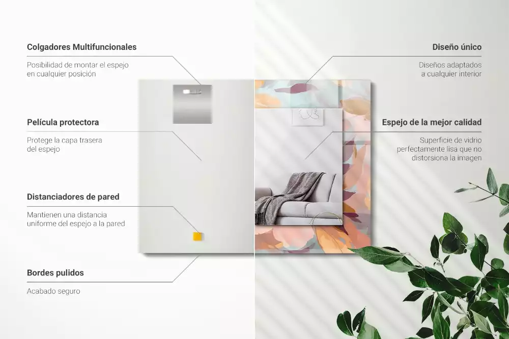 Lustro dekoracyjne z nadrukiem z pastelowym motywem kwiatów i liści, w formacie prostokątnym