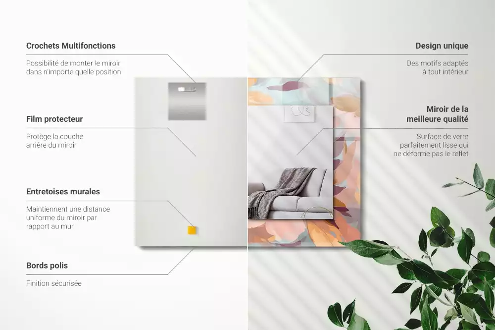 Lustro dekoracyjne z nadrukiem z pastelowym motywem kwiatów i liści, w formacie prostokątnym