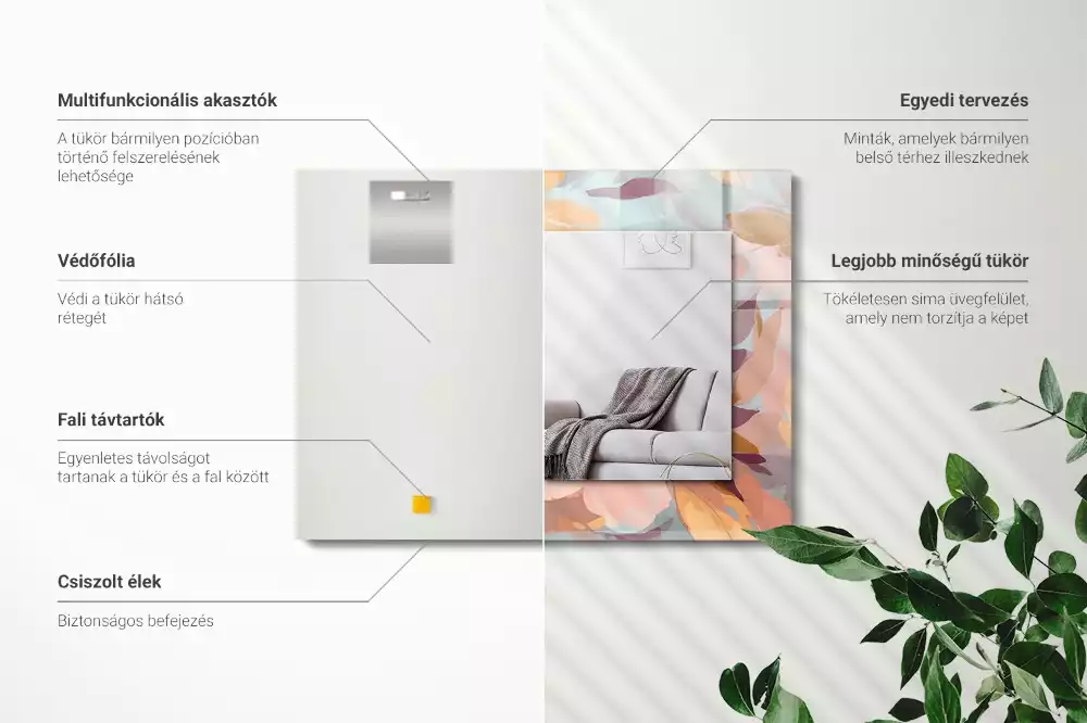 Lustro dekoracyjne z nadrukiem z pastelowym motywem kwiatów i liści, w formacie prostokątnym