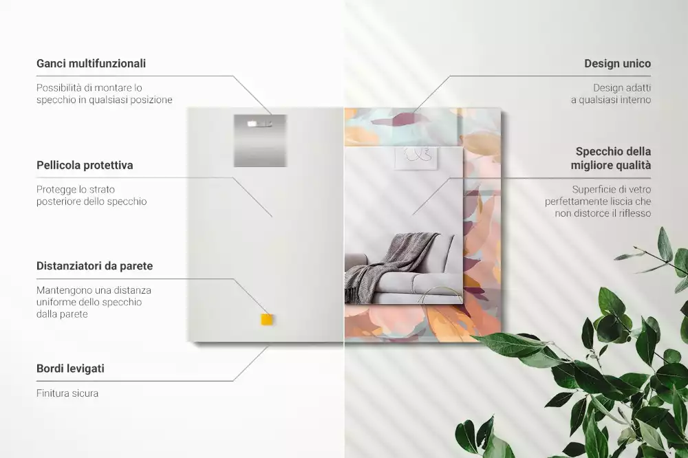 Lustro dekoracyjne z nadrukiem z pastelowym motywem kwiatów i liści, w formacie prostokątnym