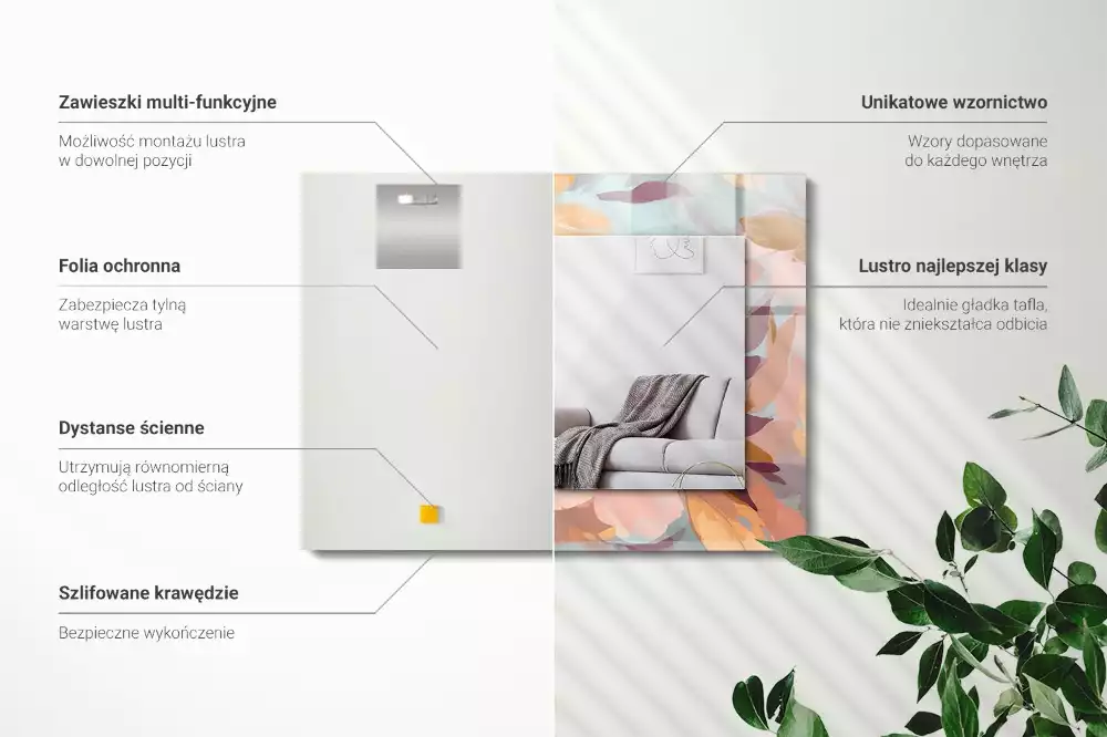 Lustro dekoracyjne z nadrukiem z pastelowym motywem kwiatów i liści, w formacie prostokątnym