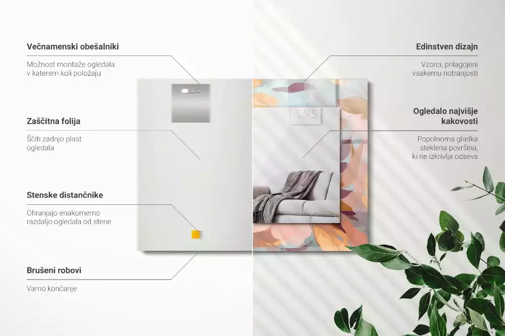 Lustro dekoracyjne z nadrukiem z pastelowym motywem kwiatów i liści, w formacie prostokątnym