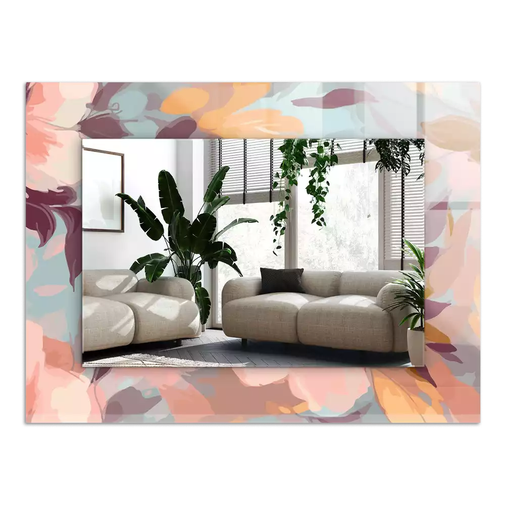 Lustro dekoracyjne z nadrukiem z pastelowym motywem kwiatów i liści, w formacie prostokątnym