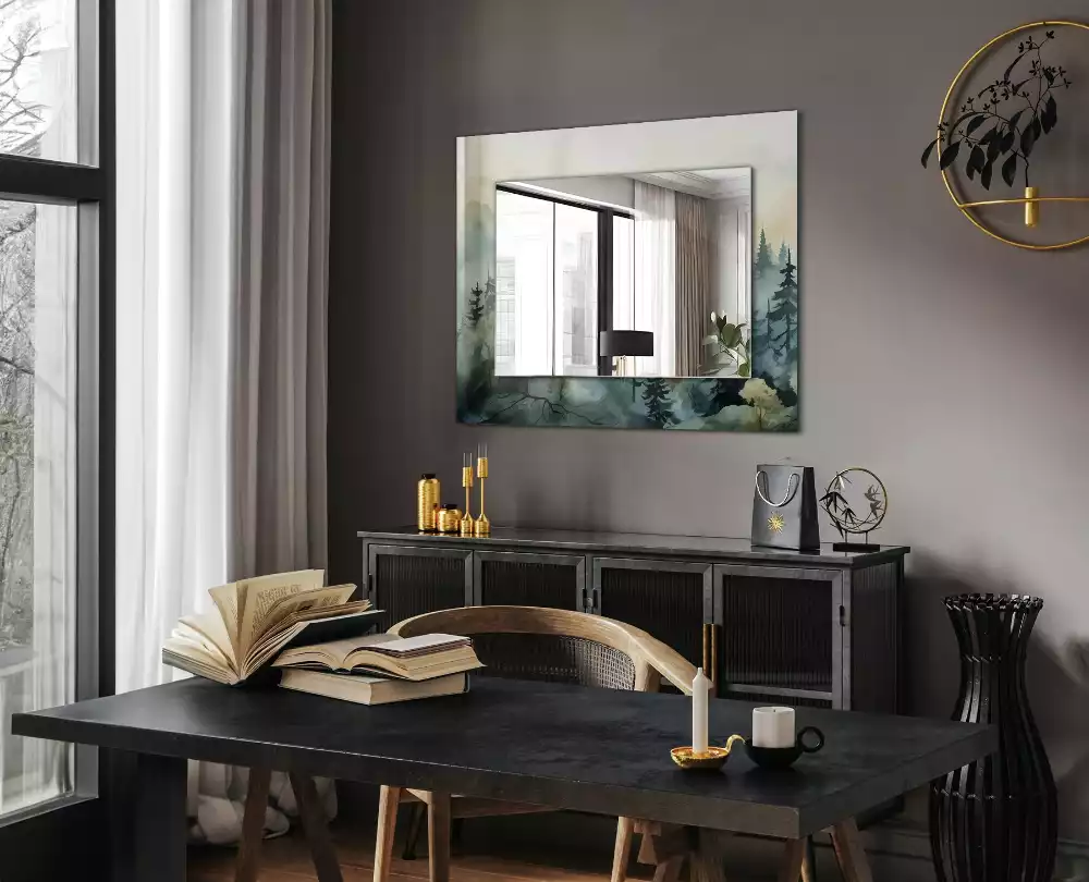 Lustro dekoracyjne prostokątne z motywem lasu we mgle