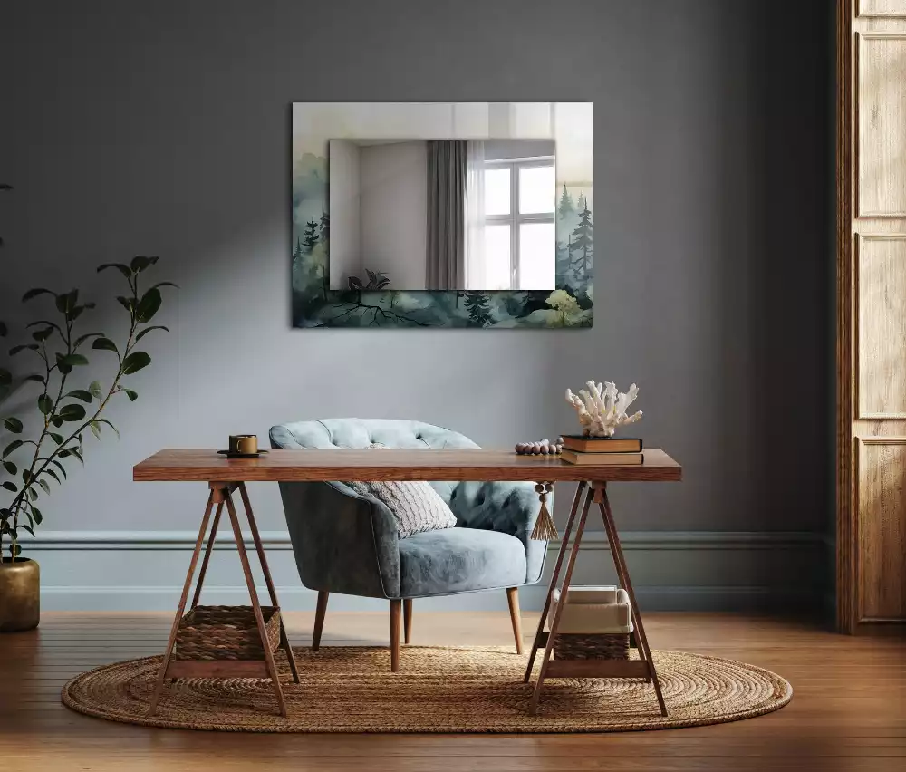 Lustro dekoracyjne prostokątne z motywem lasu we mgle