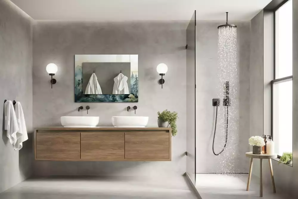 Lustro dekoracyjne prostokątne z motywem lasu we mgle