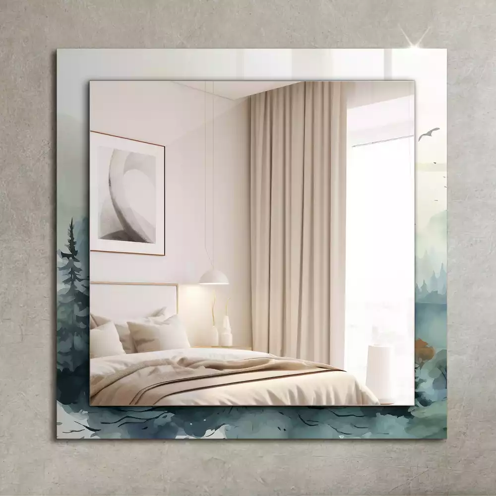 Lustro dekoracyjne prostokątne z motywem lasu we mgle