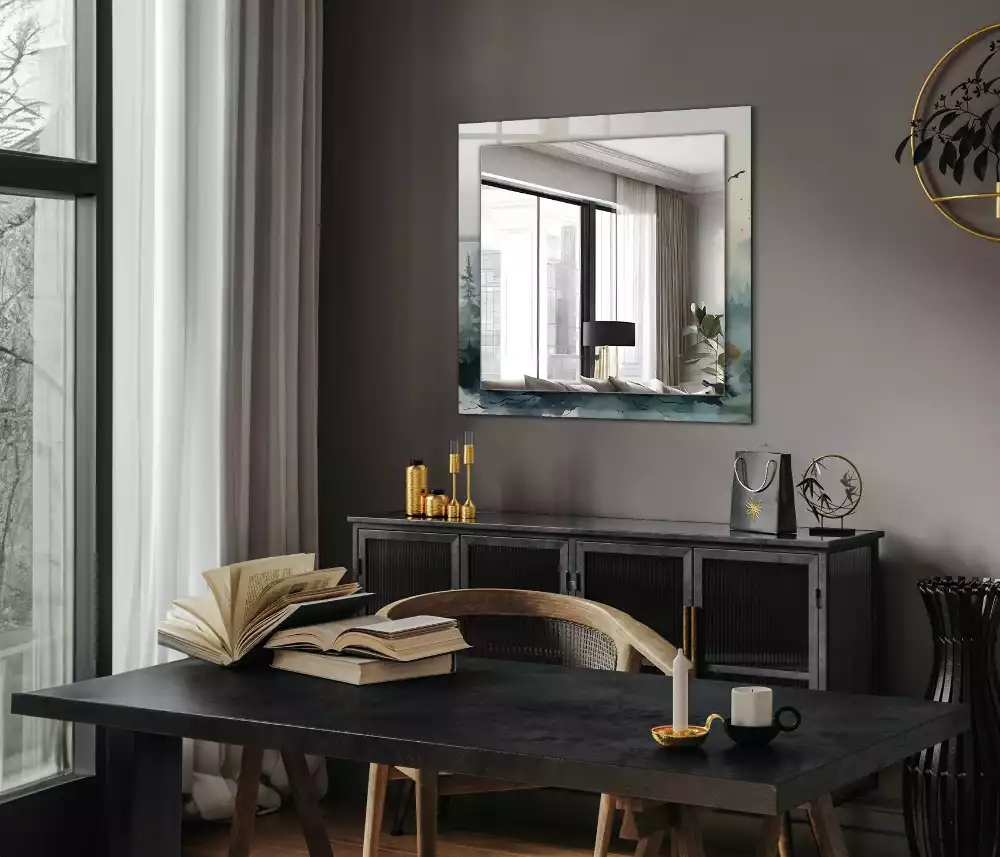 Lustro dekoracyjne prostokątne z motywem lasu we mgle