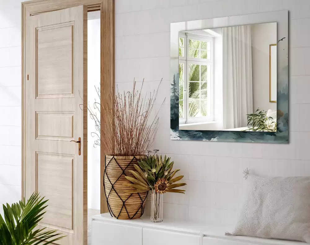 Lustro dekoracyjne prostokątne z motywem lasu we mgle