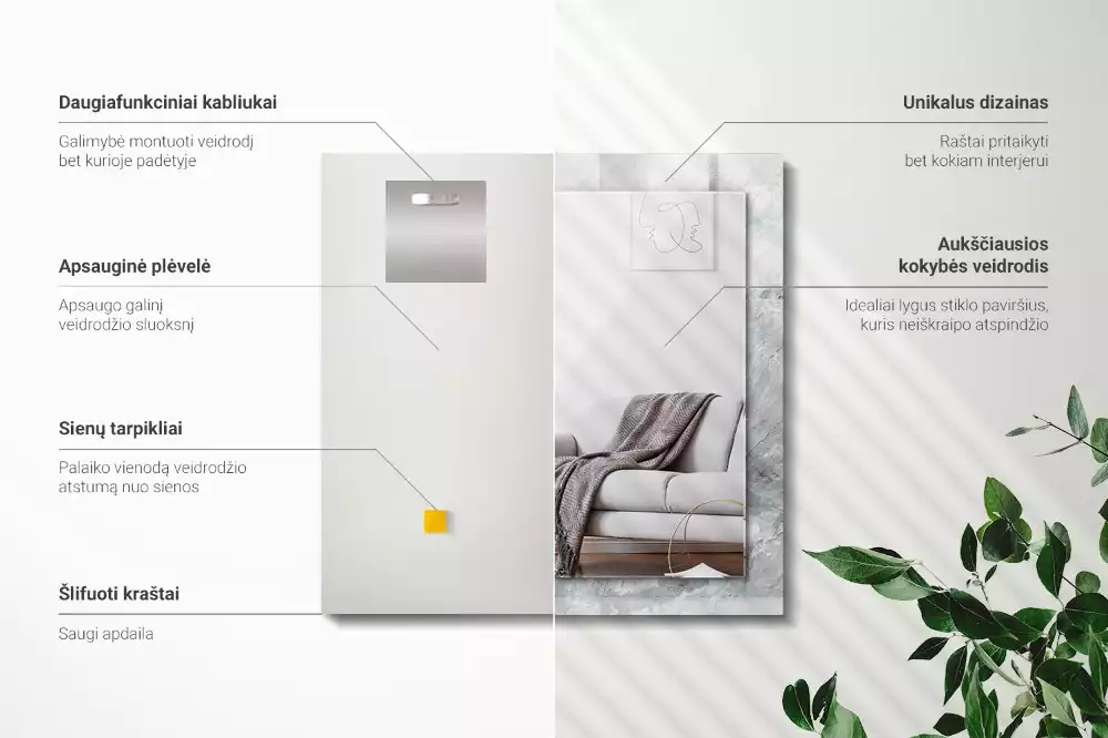 Lustro prostokątne z nadrukiem w szary marmur z charakterystycznymi żyłkami