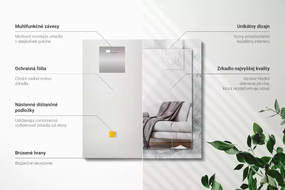 Lustro prostokątne z nadrukiem w szary marmur z charakterystycznymi żyłkami