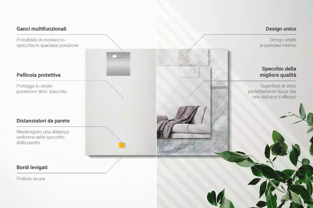 Lustro prostokątne z nadrukiem w szary marmur z charakterystycznymi żyłkami