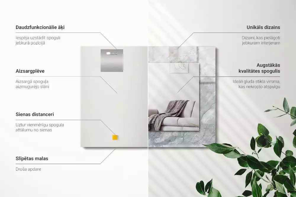 Lustro prostokątne z nadrukiem w szary marmur z charakterystycznymi żyłkami