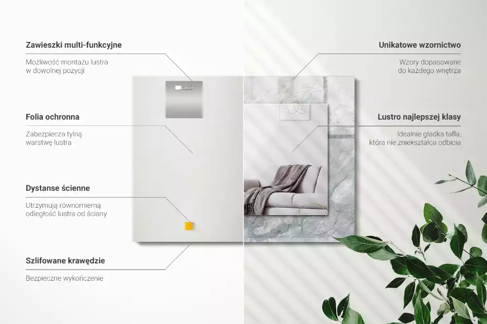 Lustro prostokątne z nadrukiem w szary marmur z charakterystycznymi żyłkami