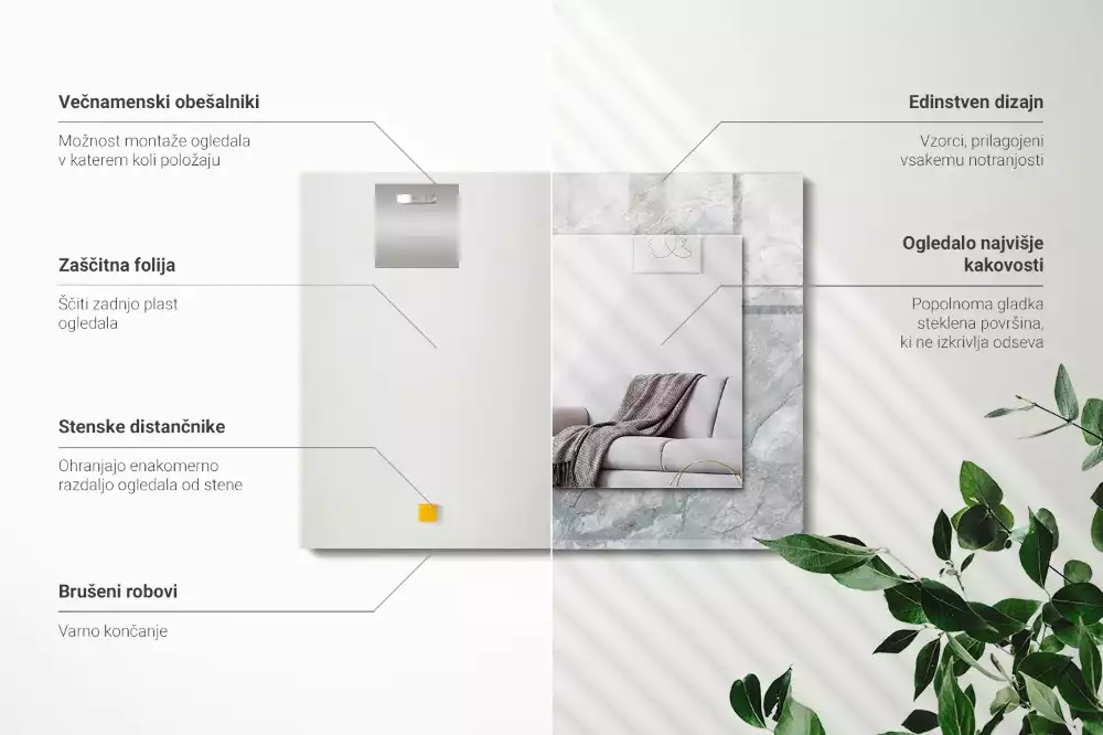 Lustro prostokątne z nadrukiem w szary marmur z charakterystycznymi żyłkami