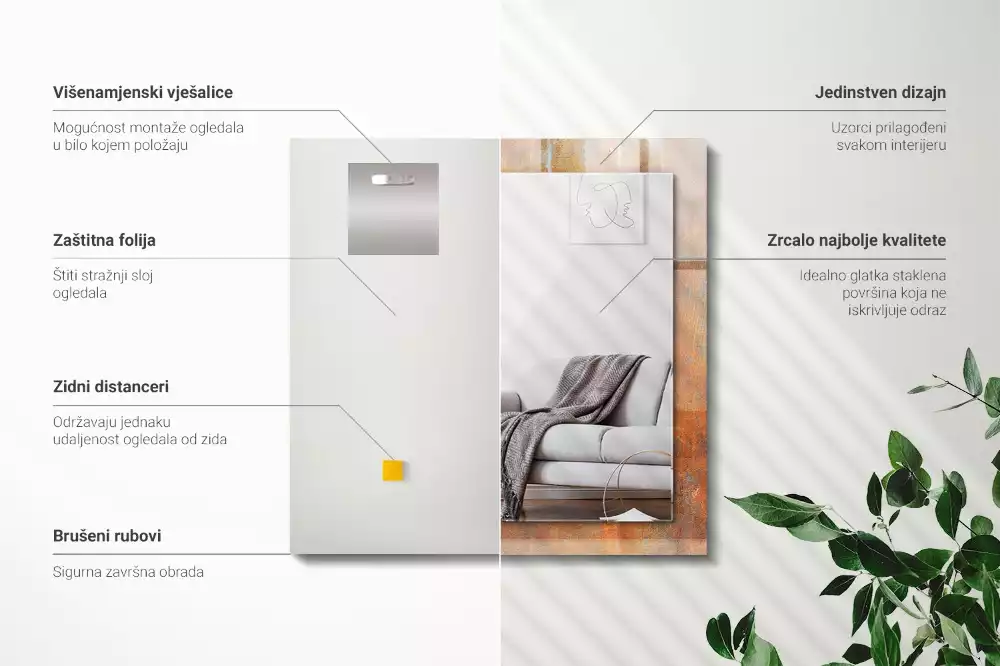 Lustro dekoracyjne z nadrukiem w motywie rdzy o metalicznej powierzchni