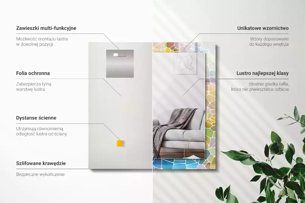 Lustro prostokątne z nadrukiem w motyw kolorowej abstrakcyjnej mozaiki