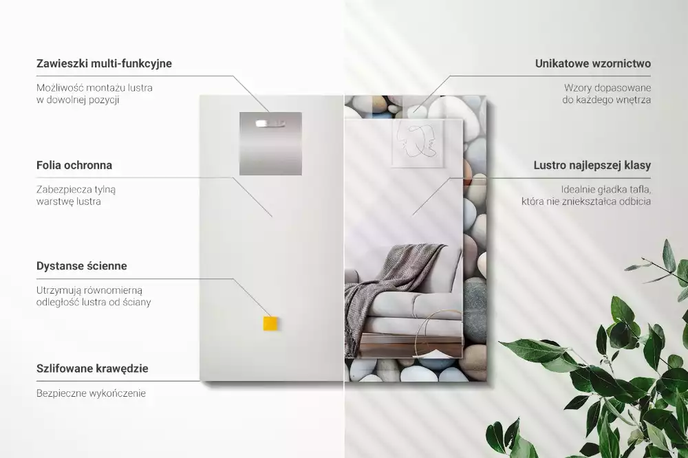 Lustro prostokątne z nadrukiem w kolorowe gładkie kamienie