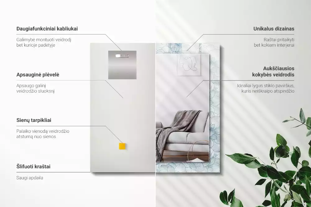 Lustro dekoracyjne prostokątne z niebieskim wzorem kwiatowym