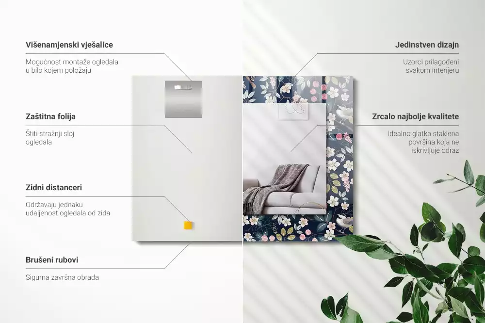 Lustro dekoracyjne z nadrukiem z motywem kwiatów, liści i ptaków