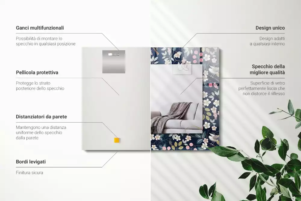 Lustro dekoracyjne z nadrukiem z motywem kwiatów, liści i ptaków