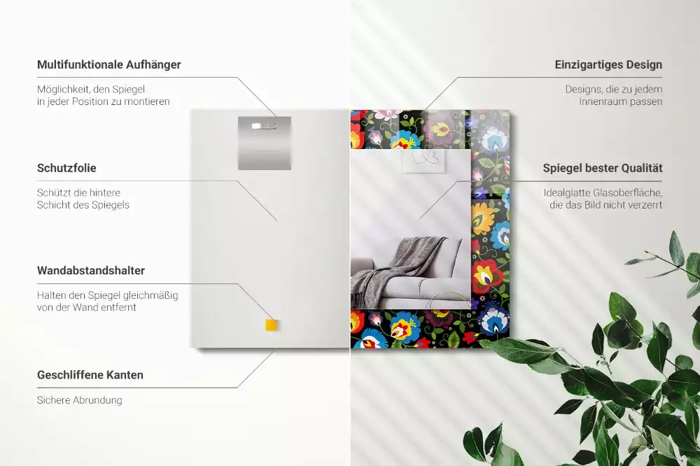 Lustro prostokątne z nadrukiem w kolorowe wzory ludowe