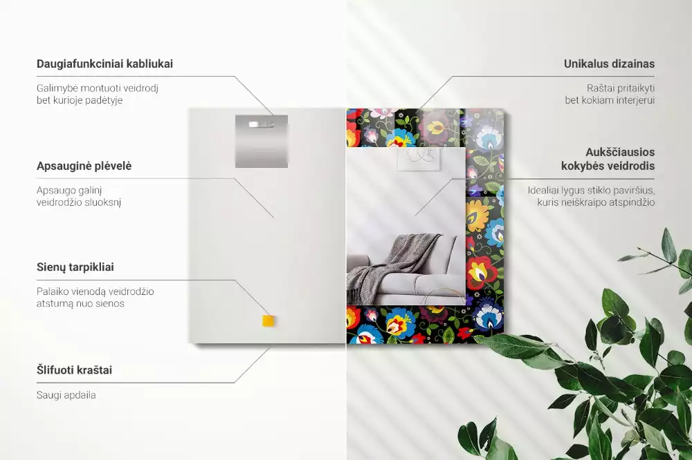 Lustro prostokątne z nadrukiem w kolorowe wzory ludowe