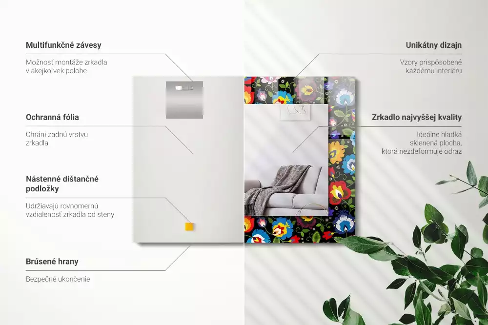 Lustro prostokątne z nadrukiem w kolorowe wzory ludowe