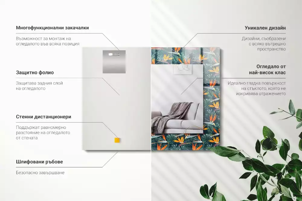 Lustro dekoracyjne prostokątne z motywem kwiatów i liści