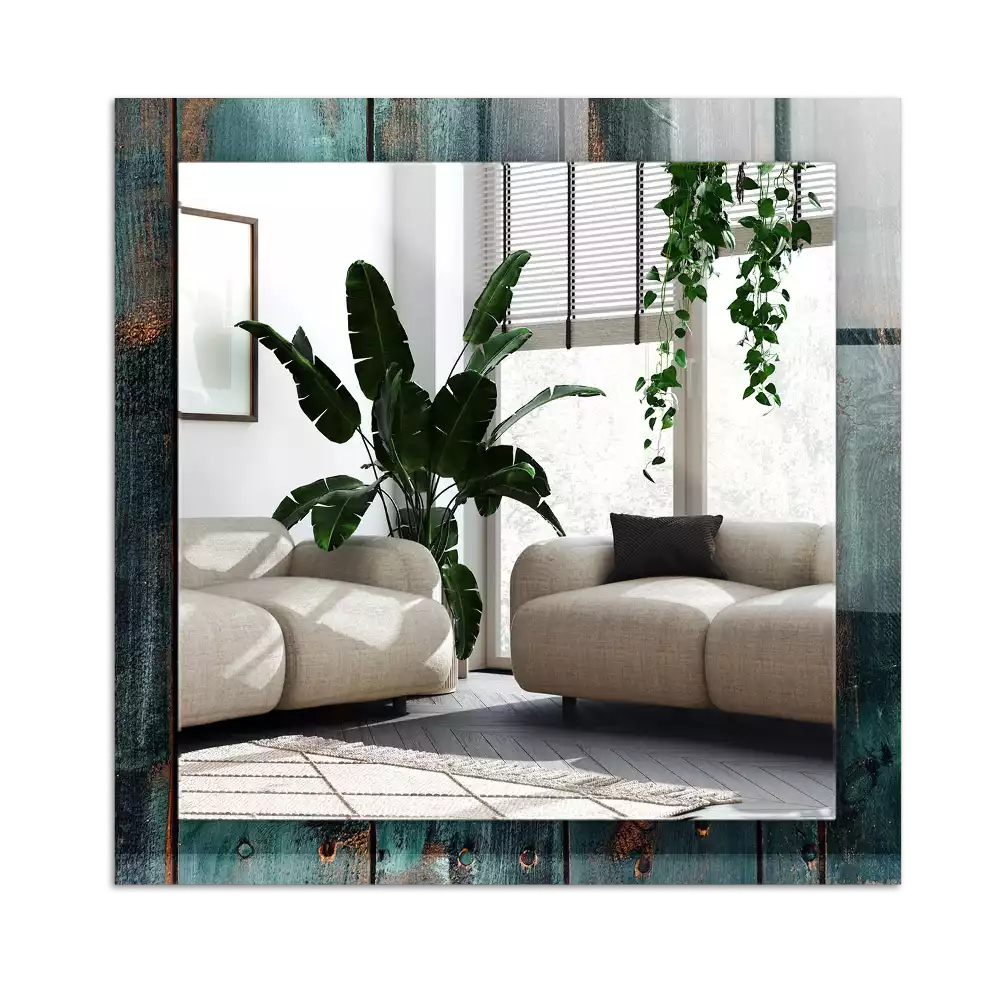 Lustro prostokątne z nadrukiem przedstawiającym zielone drewniane deski