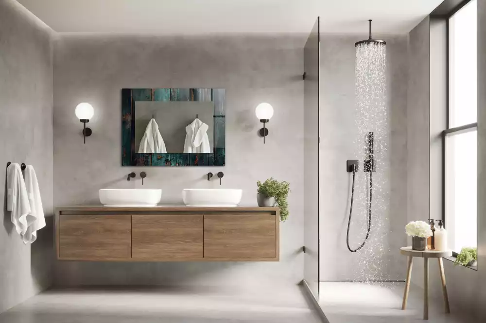 Lustro prostokątne z nadrukiem przedstawiającym zielone drewniane deski