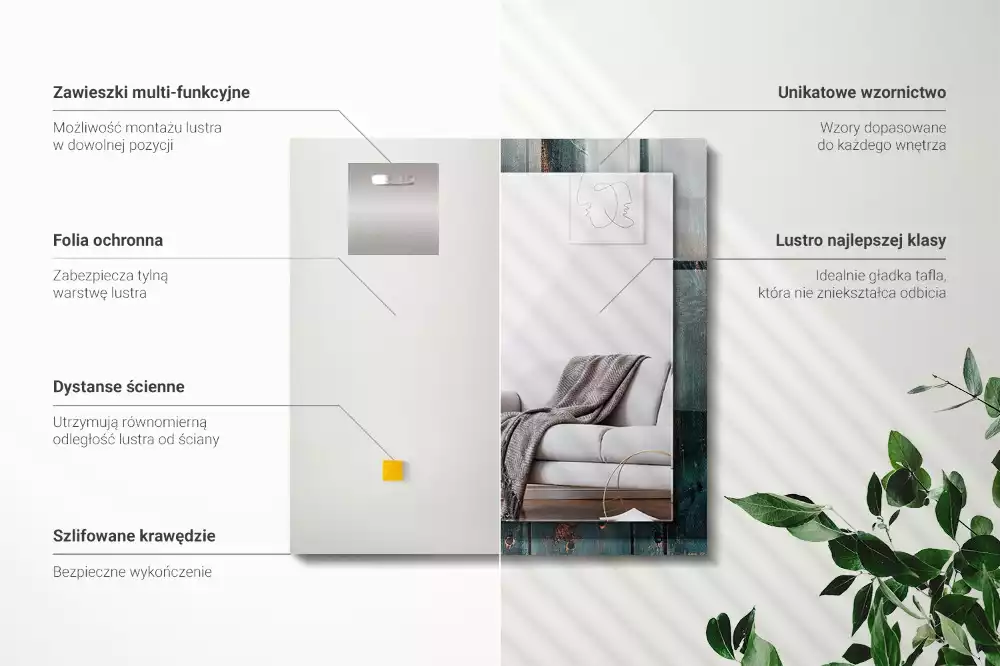 Lustro prostokątne z nadrukiem przedstawiającym zielone drewniane deski