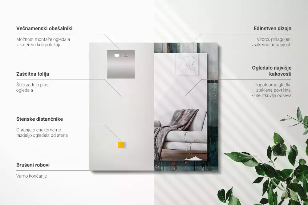 Lustro prostokątne z nadrukiem przedstawiającym zielone drewniane deski