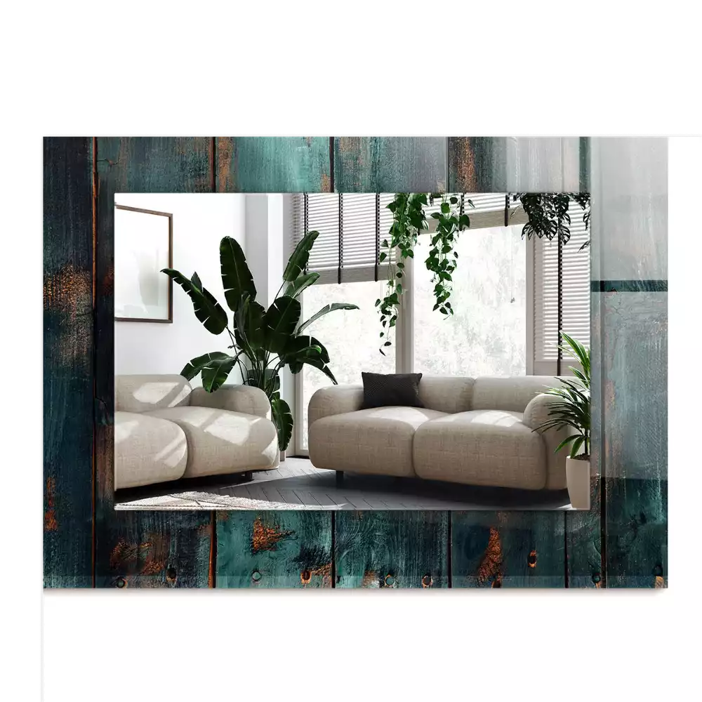 Lustro prostokątne z nadrukiem przedstawiającym zielone drewniane deski