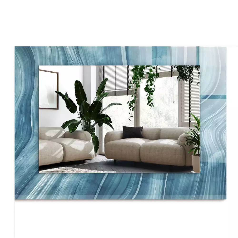 Lustro dekoracyjne prostokątne z abstrakcyjnym motywem niebieskich linii