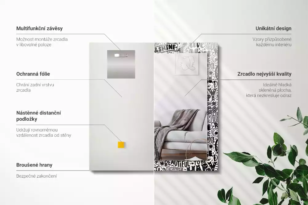 Lustro prostokątne z nadrukiem motywacyjnych napisów w ręcznym stylu