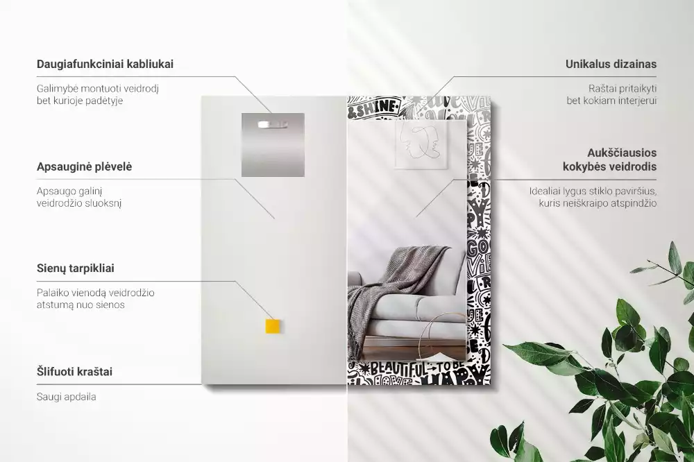 Lustro prostokątne z nadrukiem motywacyjnych napisów w ręcznym stylu